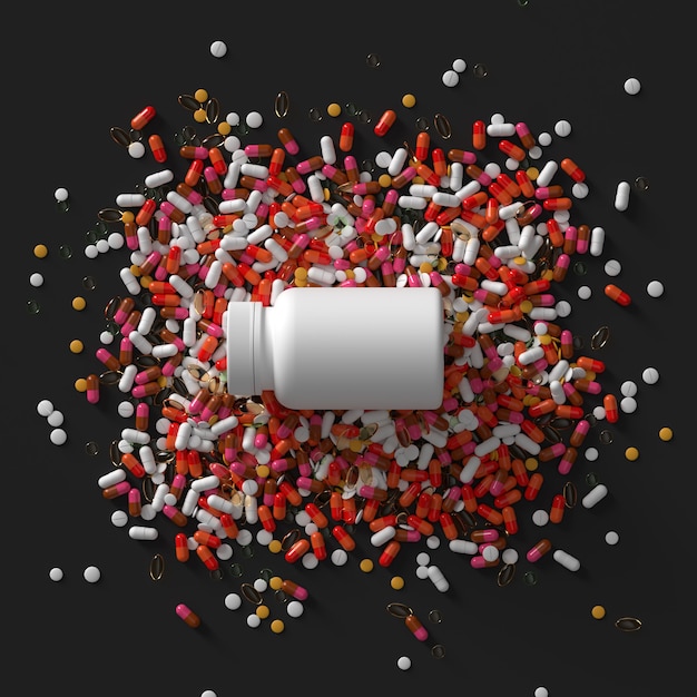 Render 3D de pastillas de medicina y botella con tapa. Ilustración médica abstracta.