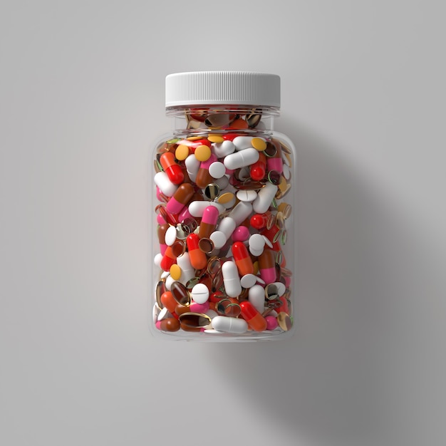 Render 3D de pastillas de medicina en frasco de vidrio con tapa. Ilustración médica abstracta.