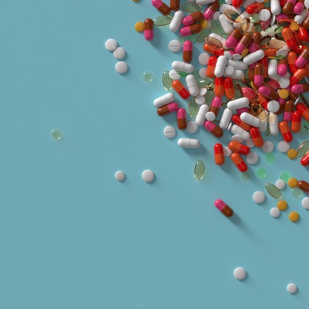 Render 3D de pastillas de medicina. Ilustración médica abstracta.