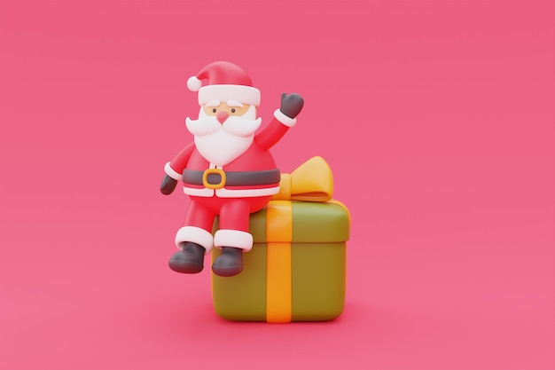Render 3d del personaje de dibujos animados santa claus con caja de regalo feliz navidad y año nuevo