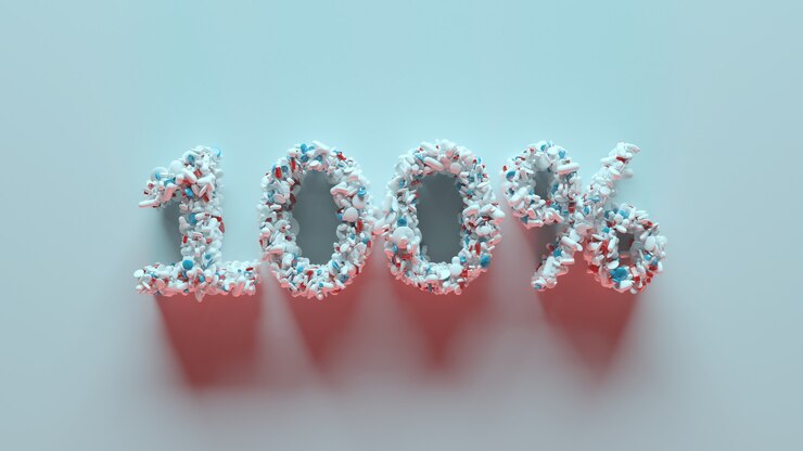 Foto render 3d de píldoras médicas que forma el título del texto. 100% palabra.