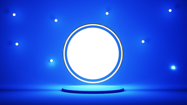 Render 3D de podio azul con círculo de luz