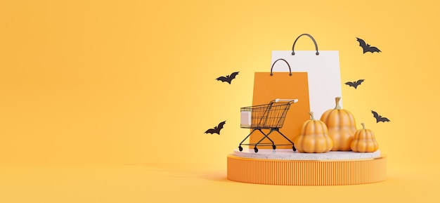 Render 3D de podio blanco con concepto de compras de halloween para exhibición de productos