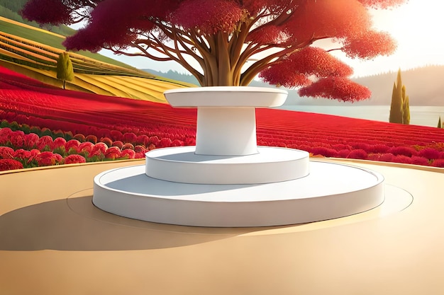 Render 3D de podio blanco con flores rojas y hermoso fondo de cielo