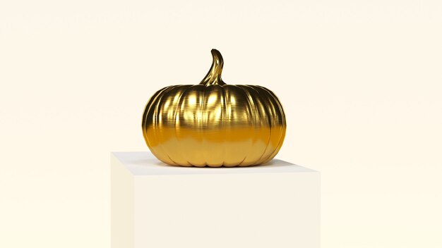 Render 3D. un podio con calabaza dorada. tema de halloween de vacaciones