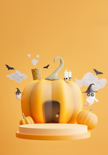 Render 3D de podio con concepto de halloween, casa de calabaza, murciélago, nube, fantasma para exhibición de productos