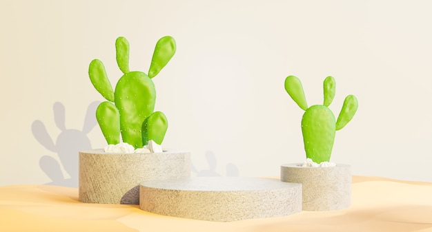 Render 3D de podio de hormigón con cactus, arena para la exhibición de su producto