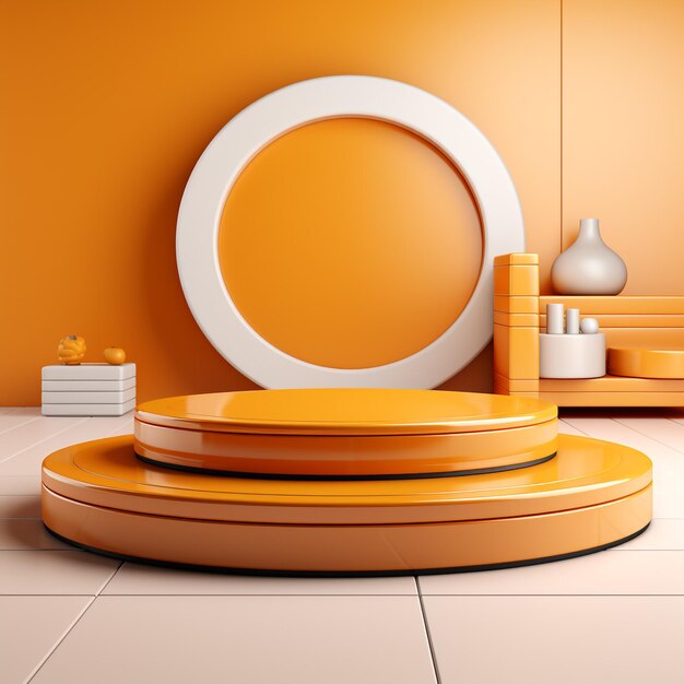 Render 3d de un podio naranja sobre un fondo moderno simple