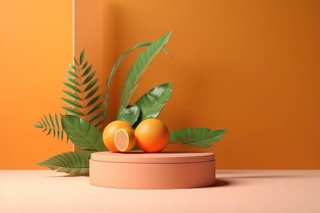 Render 3d de podio vacío naranja vacío con concepto de verano para espacio vacío de exhibición de productos