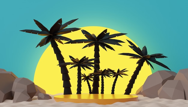 Render 3d de pódium de exhibición mínima abstracta para mostrar productos o presentación cosmética con escena de playa de verano