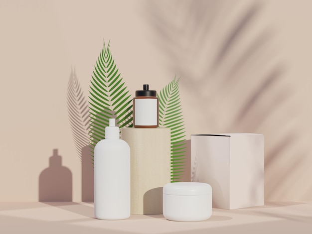 Foto render 3d de productos cosméticos para el cuidado de la piel en blanco o envases para maquetas de jabón de belleza y concepto de spa