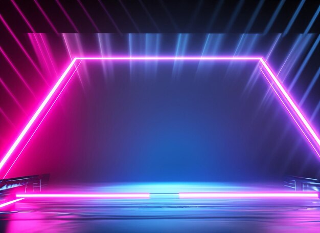 Render 3d Proyector brillante que brilla en el vacío oscuro rosado brillante rayos azules luz de neón fondo