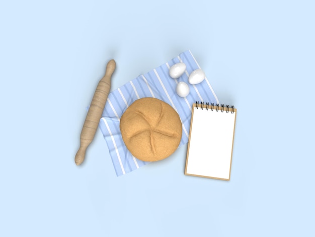 Render 3d Recetas caseras y comida deliciosa Rolling pin huevos pan y bloc de notas para escribir texto