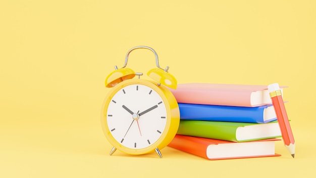 Render 3D de reloj despertador amarillo con concepto de educación, pila de libros, lápiz para su diseño de maqueta