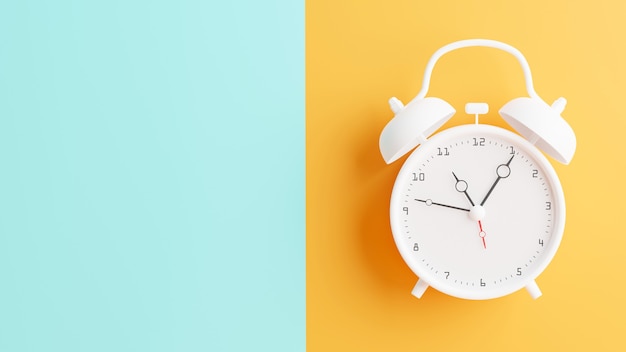 Render 3D de reloj despertador blanco sobre fondo de medio color