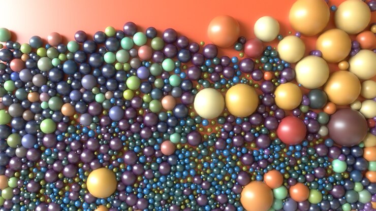Foto render 3d. resumen de esferas de diferentes colores y tamaños.