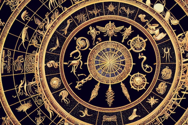 Render 3D de signos del zodiaco astrológico en el círculo del horóscopo