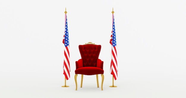 Render 3D de la silla real roja sobre un fondo blanco entre dos banderas, bandera de Estados Unidos, Estados Unidos de América