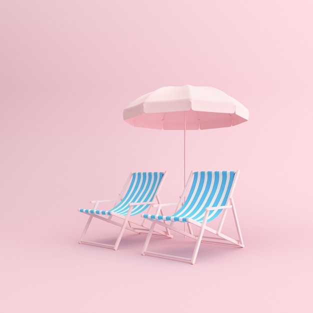 Render 3D de sillas al aire libre con sombrilla sobre fondo rosa.