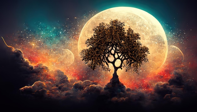Render 3D de una silueta de un árbol contra un cielo espacial con luna
