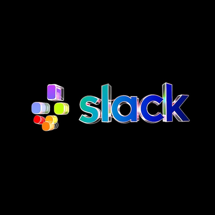 Foto render 3d slack logo extrudado en vidrio de prisma claro flotando en un ángulo de 20 grados hacia arriba neon rainbow