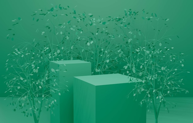 Render 3D de sobre fondo verde de escenario de podio con hojas de plantas.