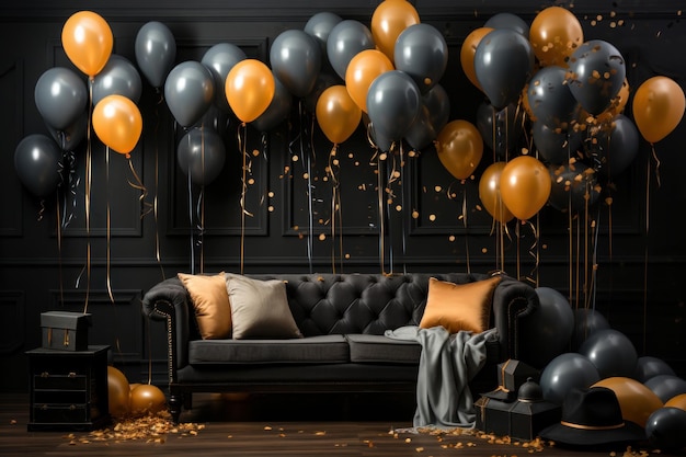 Render 3D de sofá negro con globos dorados