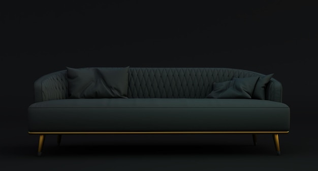 Render 3D de sofá de tela negra con almohadas aisladas sobre fondo oscuro.