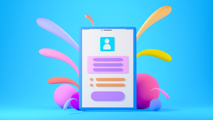 Foto render 3d de teléfono móvil con gotas de colores alrededor sobre fondo azul.