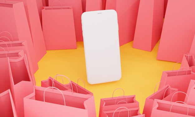 Render 3D, teléfono móvil con muchas bolsas de compras rosadas, concepto de ventas de comercio electrónico