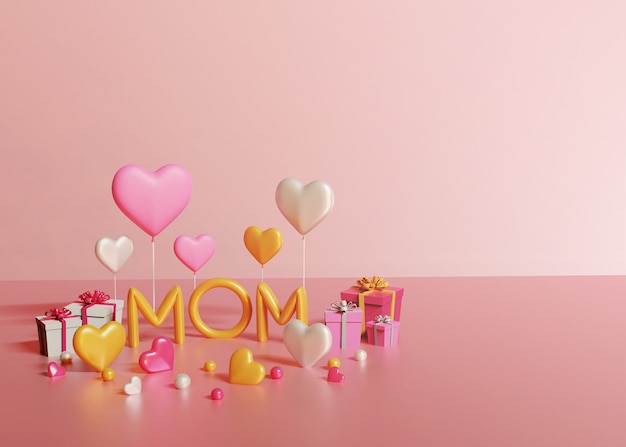 Render 3D de texto de mamá, cajas de regalo y corazones sobre fondo rosa claro