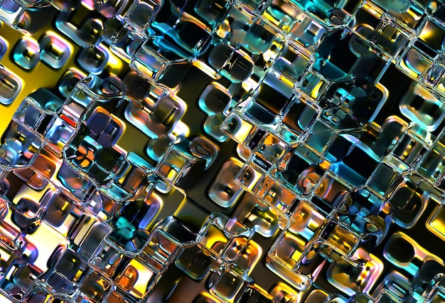 Render 3D de textura de fondo 3d industrial de arte abstracto con parte de superficie líquida metálica plateada surrealista con patrón de mosaico de cuadrícula cúbica en color degradado verde naranja y oro amarillo