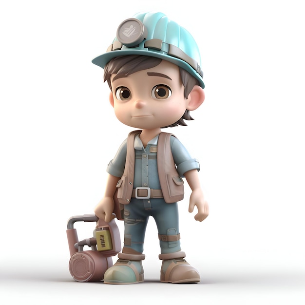 Render 3D de un trabajador de la construcción de Little Boy con una herramienta eléctrica