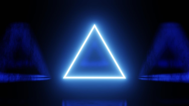 Render 3D. Triángulo de neón azul abstracto futurista de alta tecnología de fondo.