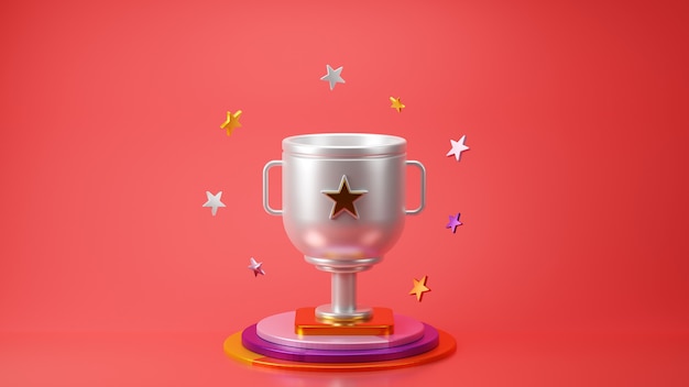 Render 3D del trofeo de plata con estrella sobre fondo rojo