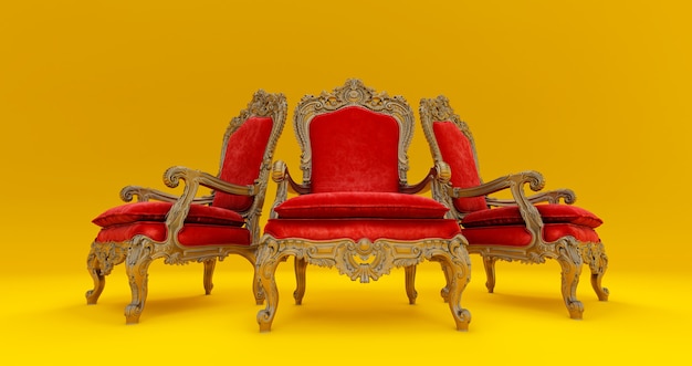 Foto render 3d del trono de sillón barroco clásico en colores bronce y rojo aislado sobre fondo amarillo oscuro.