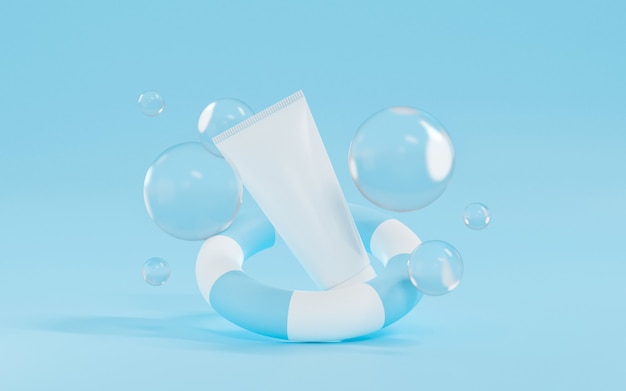 Render 3D de tubo cosmético con anillo de natación y burbuja