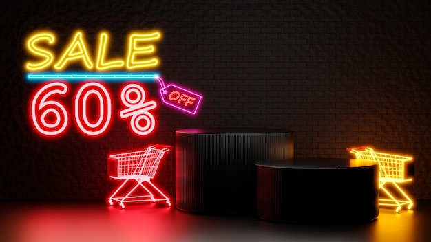 Render 3D de venta con 60% de descuento con podio para exhibición de productos