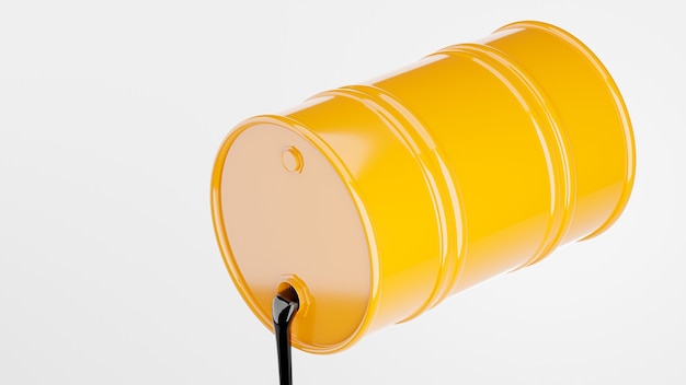 Foto render 3d de verter el aceite del tanque amarillo sobre fondo blanco.