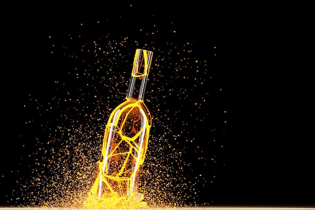 Render 3D de un vino de iluminación amarillo roto una botella con muchos fragmentos volando