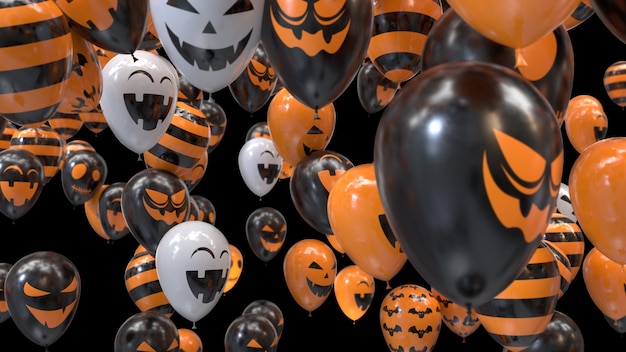 Render 3D volando globos de halloween en negro