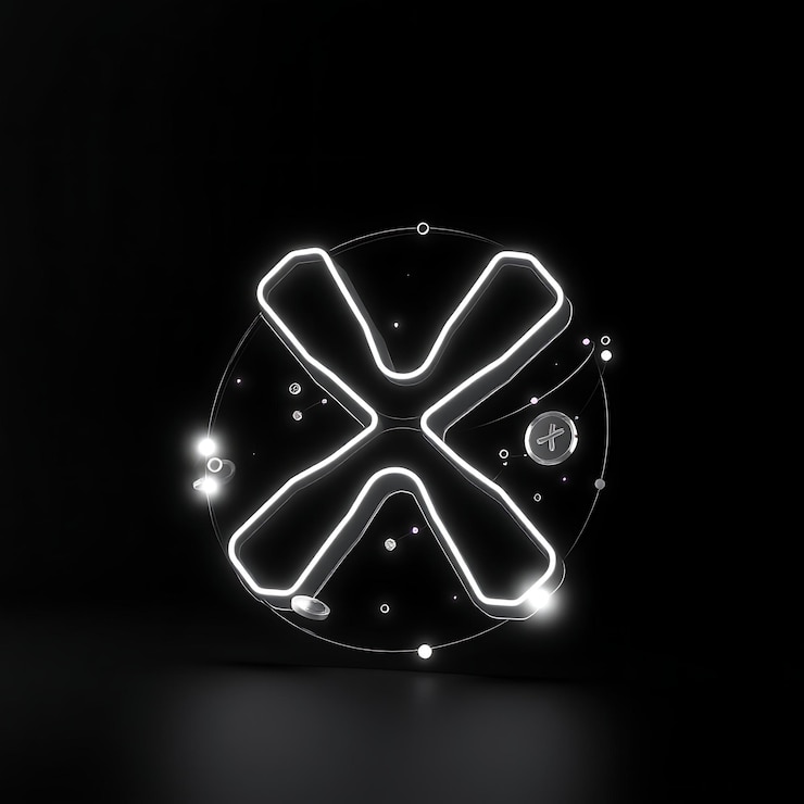 Foto render 3d xrp logo extrudado en acrílico negro claro con bordes de neón blanco que giran lentamente para delinear el