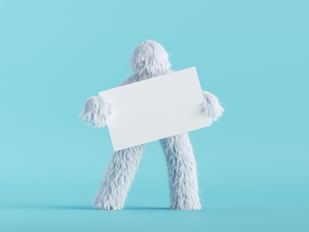 Render 3D Yeti peludo blanco sostiene una tarjeta en blanco Maqueta de juguete peludo Bigfoot con estandarte vacío