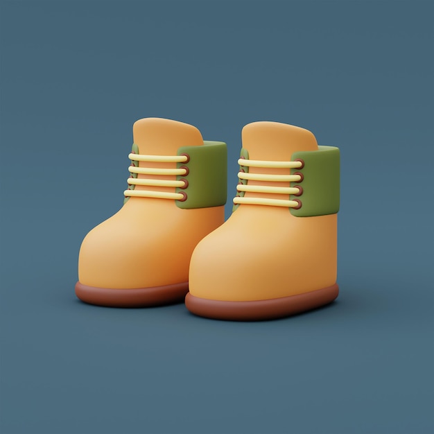 Render 3d de zapatos de senderismo aislados sobre fondo azul, equipo de camping, concepto de vacaciones de vacaciones. estilo minimalista.
