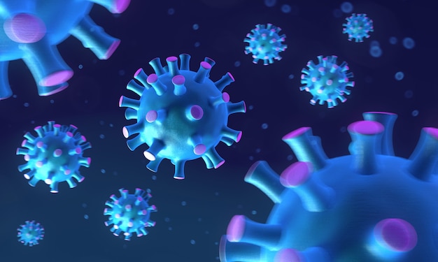 Render artístico del coronavirus COVID-19 en color morado y azul. Representación 3d