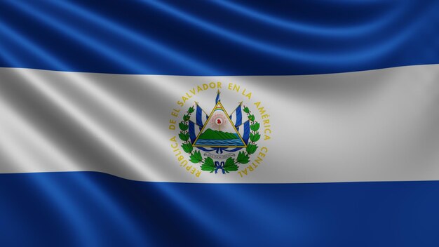 Render de la bandera de El Salvador ondea en el viento cerca de la bandera nacional de El Salvador en 4k