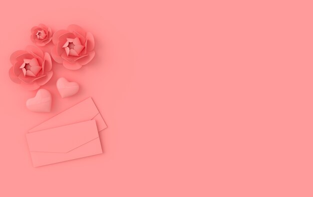 Render com flores de papel corações rosa brilhante e envelope de papel