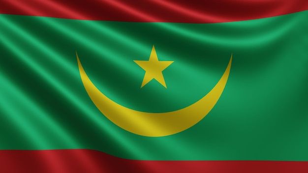 Render der Mauretanien-Flagge flattert im Wind, Nahaufnahme der Nationalflagge von Mauretanien in 4k