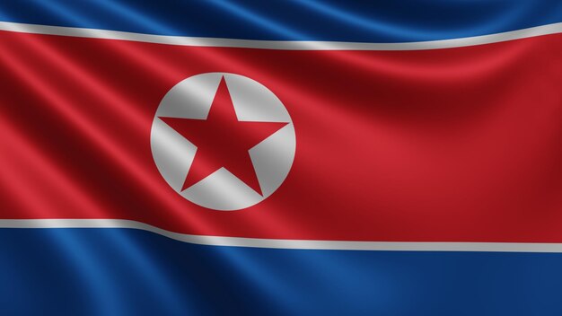Render der Nordkorea-Flagge flattert im Wind, Nahaufnahme der Nationalflagge Nordkoreas in 4k