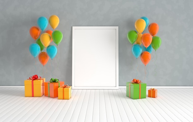 render interior con globos caja de regalo con cinta